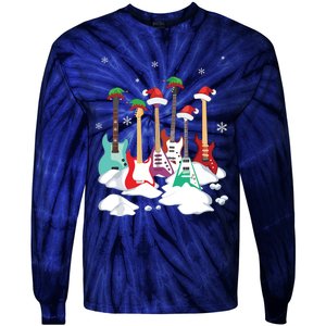 Guitar Santa Hat Christmas Tree Funny Music Loves Xmas Tie-Dye Long Sleeve Shirt