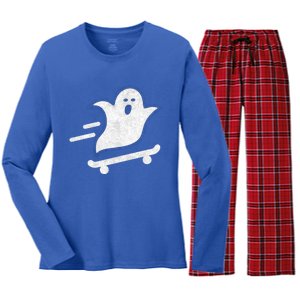 Ghost Skate Halloween Skateboarding Spooky Skateboard Funny Gift Women's Long Sleeve Flannel Pajama Set 