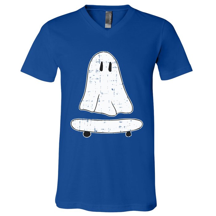 Ghost Skater Halloween Costume Spirit Ghoul SkateboardIng Gift V-Neck T-Shirt