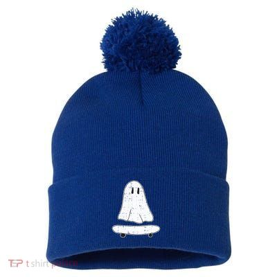Ghost Skater Halloween Costume Spirit Ghoul SkateboardIng Gift Pom Pom 12in Knit Beanie