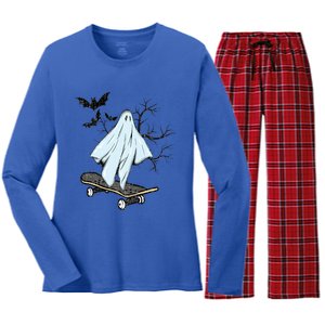 Ghost Skateboard Halloween Costume Adult And Art Skater Gift Women's Long Sleeve Flannel Pajama Set 