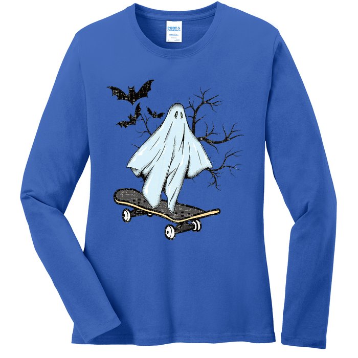 Ghost Skateboard Halloween Costume Adult And Art Skater Gift Ladies Long Sleeve Shirt