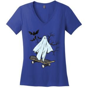 Ghost Skateboard Halloween Costume Adult And Art Skater Gift Women's V-Neck T-Shirt