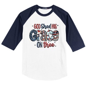 God Shed His Grace On Thee 4th Of July Groovy Patriotic Baseball Sleeve Shirt