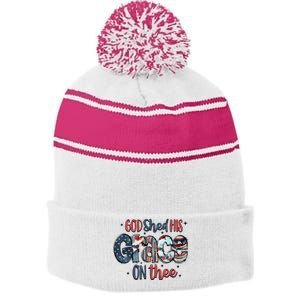 God Shed His Grace On Thee 4th Of July Groovy Patriotic Stripe Pom Pom Beanie