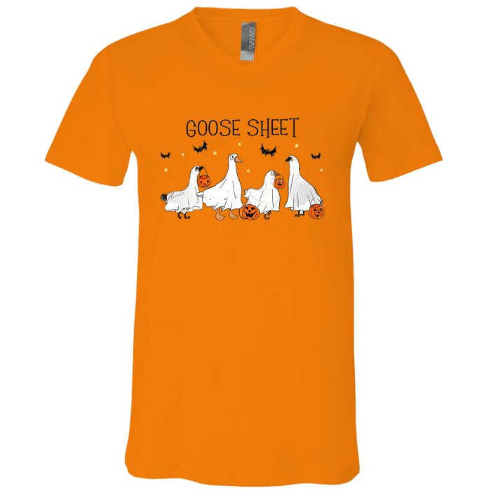 Goose Sheet Halloween Funny Ghoul Ghost Cute Pumpkin V-Neck T-Shirt