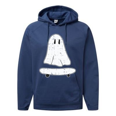 Ghost Skater Halloween Costume Spirit Ghoul SkateboardIng Gift Performance Fleece Hoodie