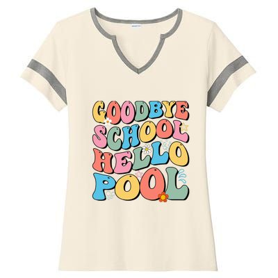 Goodbye School Hello Pool Summer Groovy Last Day Of School Ladies Halftime Notch Neck Tee