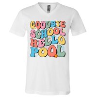 Goodbye School Hello Pool Summer Groovy Last Day Of School V-Neck T-Shirt