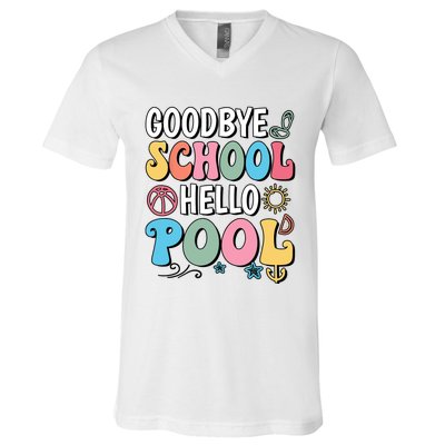 Goodbye School Hello Pool Summer Groovy Last Day Of School V-Neck T-Shirt