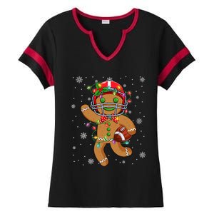 Gingerbread Santa Hat Playing Football Christmas Tree Lights Ladies Halftime Notch Neck Tee