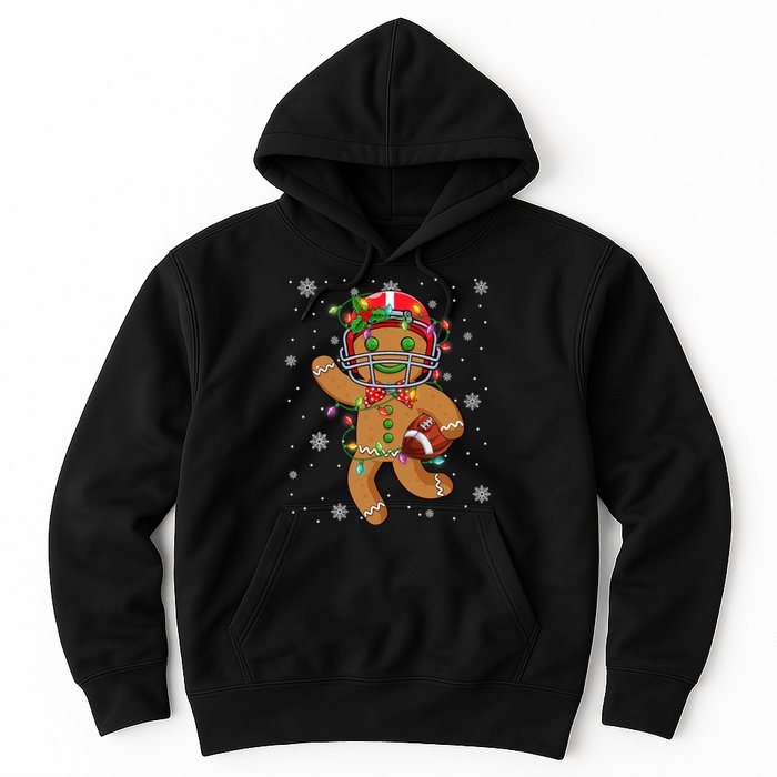 Gingerbread Santa Hat Playing Football Christmas Tree Lights Hoodie