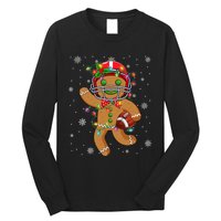 Gingerbread Santa Hat Playing Football Christmas Tree Lights Long Sleeve Shirt