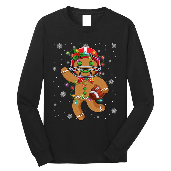 Gingerbread Santa Hat Playing Football Christmas Tree Lights Long Sleeve Shirt