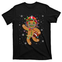 Gingerbread Santa Hat Playing Football Christmas Tree Lights T-Shirt