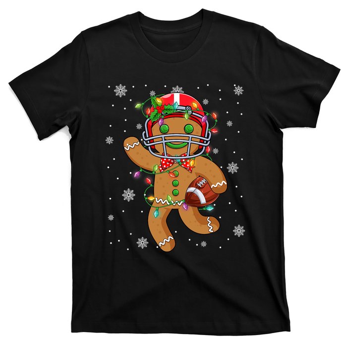 Gingerbread Santa Hat Playing Football Christmas Tree Lights T-Shirt