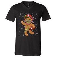 Gingerbread Santa Hat Playing Football Christmas Tree Lights V-Neck T-Shirt