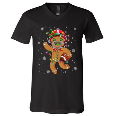 Gingerbread Santa Hat Playing Football Christmas Tree Lights V-Neck T-Shirt