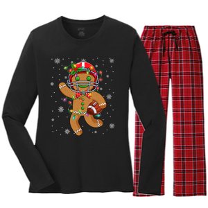 Gingerbread Santa Hat Playing Football Christmas Tree Lights Women's Long Sleeve Flannel Pajama Set 