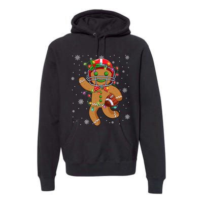 Gingerbread Santa Hat Playing Football Christmas Tree Lights Premium Hoodie