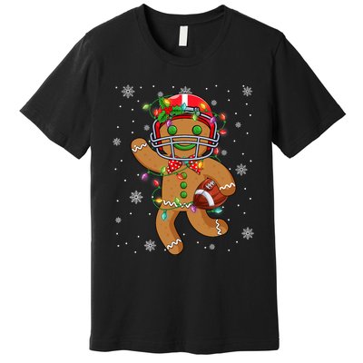 Gingerbread Santa Hat Playing Football Christmas Tree Lights Premium T-Shirt