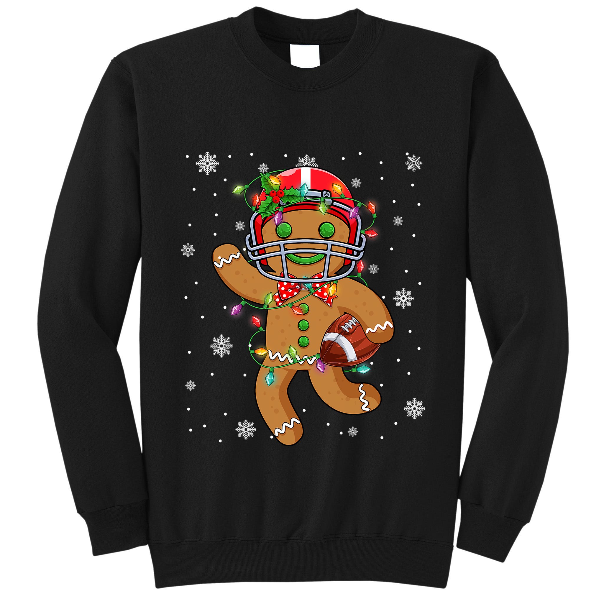 Gingerbread Santa Hat Playing Football Christmas Tree Lights Tall Sweatshirt