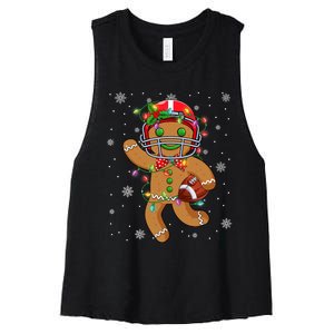 Gingerbread Santa Hat Playing Football Christmas Tree Lights Women's Racerback Cropped Tank