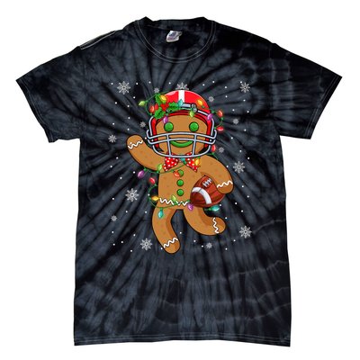 Gingerbread Santa Hat Playing Football Christmas Tree Lights Tie-Dye T-Shirt