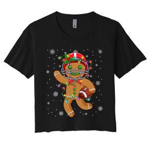 Gingerbread Santa Hat Playing Football Christmas Tree Lights Women's Crop Top Tee