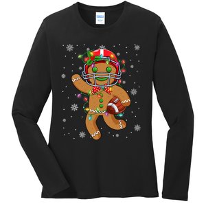 Gingerbread Santa Hat Playing Football Christmas Tree Lights Ladies Long Sleeve Shirt