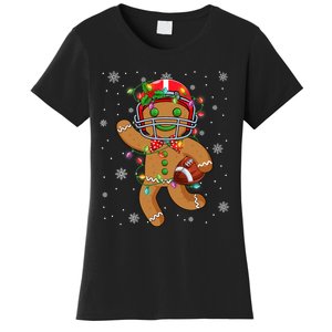 Gingerbread Santa Hat Playing Football Christmas Tree Lights Women's T-Shirt