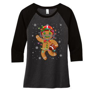 Gingerbread Santa Hat Playing Football Christmas Tree Lights Women's Tri-Blend 3/4-Sleeve Raglan Shirt