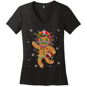 Gingerbread Santa Hat Playing Football Christmas Tree Lights Women's V-Neck T-Shirt