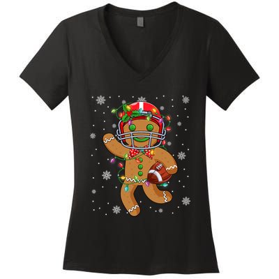 Gingerbread Santa Hat Playing Football Christmas Tree Lights Women's V-Neck T-Shirt