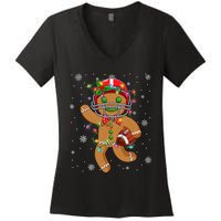 Gingerbread Santa Hat Playing Football Christmas Tree Lights Women's V-Neck T-Shirt