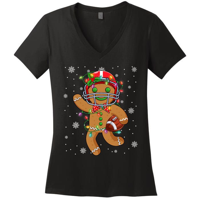 Gingerbread Santa Hat Playing Football Christmas Tree Lights Women's V-Neck T-Shirt