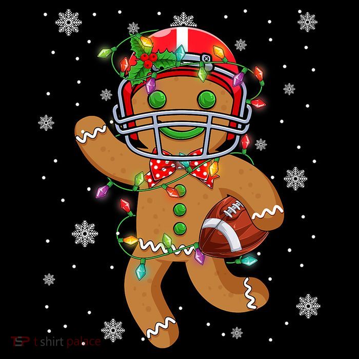 Gingerbread Santa Hat Playing Football Christmas Tree Lights Women's V-Neck T-Shirt