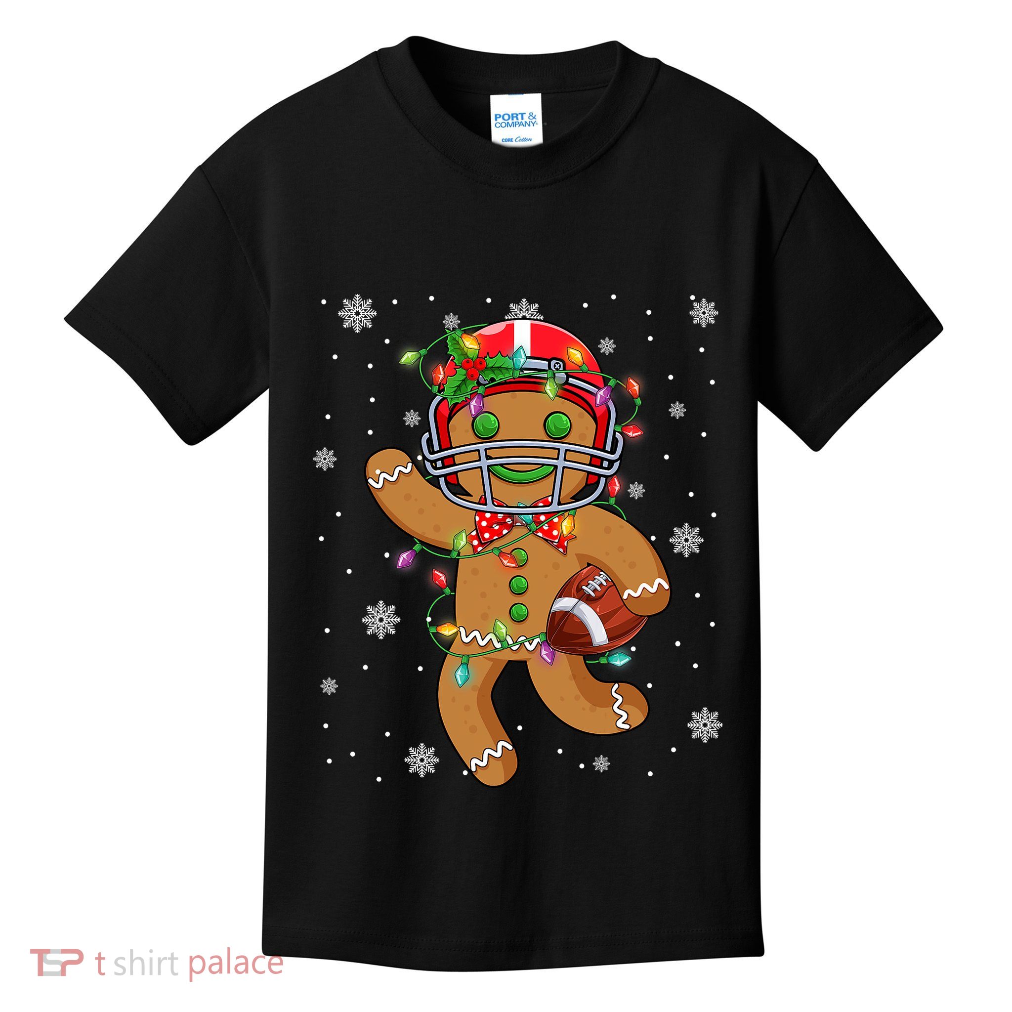Gingerbread Santa Hat Playing Football Christmas Tree Lights Kids T-Shirt