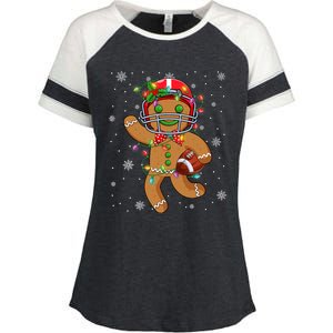 Gingerbread Santa Hat Playing Football Christmas Tree Lights Enza Ladies Jersey Colorblock Tee