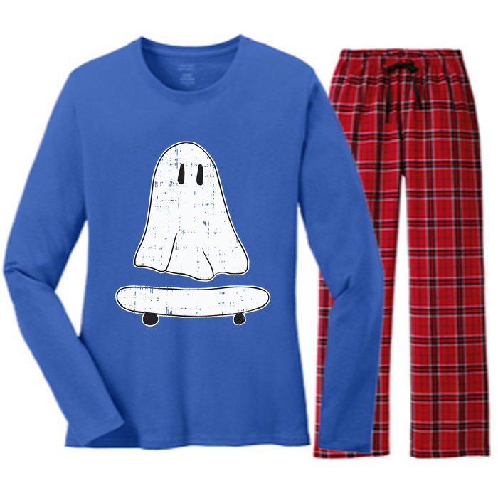 Ghost Skater Halloween Costume Spirit Ghoul SkateboardIng Great Gift Women's Long Sleeve Flannel Pajama Set 