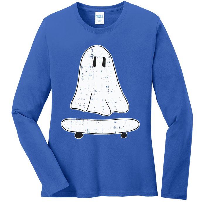 Ghost Skater Halloween Costume Spirit Ghoul SkateboardIng Great Gift Ladies Long Sleeve Shirt