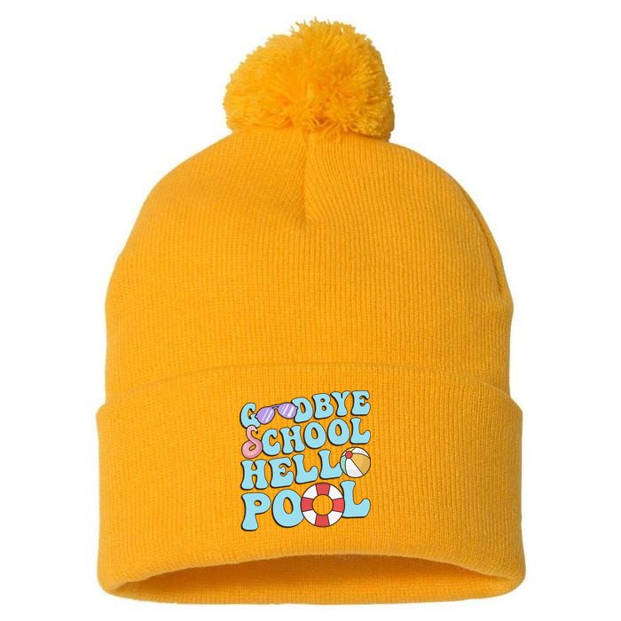 Goodbye School Hello Pool Summer Break Last Day of School Pom Pom 12in Knit Beanie