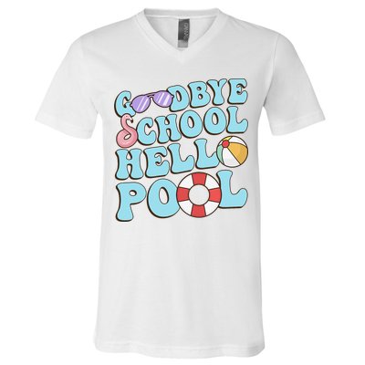 Goodbye School Hello Pool Summer Break Last Day of School V-Neck T-Shirt