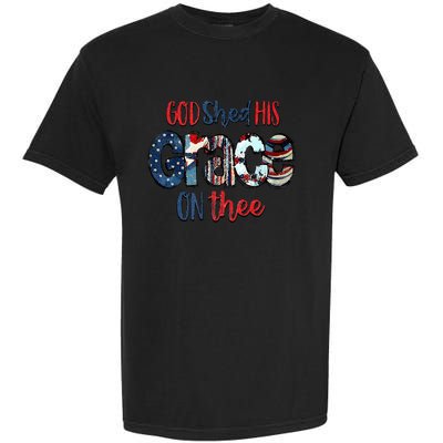 God Shed His Grace On Thee 4th Of July Groovy Patriotic Garment-Dyed Heavyweight T-Shirt