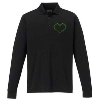 Green Shamrock Heart For St Patricks Day Celebration Outfit Cool Gift Performance Long Sleeve Polo