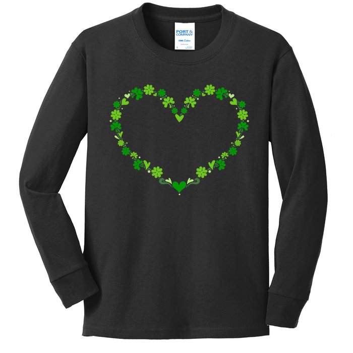 Green shamrock heart for St Patricks day celebration outfit Kids Long Sleeve Shirt