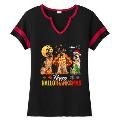 German Shepherd Hallothanksmas Halloween Thanksgiving Xmas Ladies Halftime Notch Neck Tee