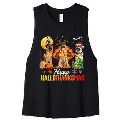 German Shepherd Hallothanksmas Halloween Thanksgiving Xmas Women's Racerback Cropped Tank