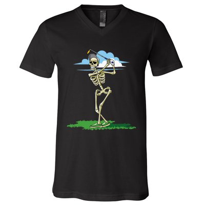 Golfing Skeleton Halloween Golf Halloween Golfer V-Neck T-Shirt