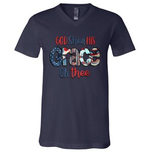 God Shed His Grace On Thee 4th Of July Groovy Patriotic V-Neck T-Shirt